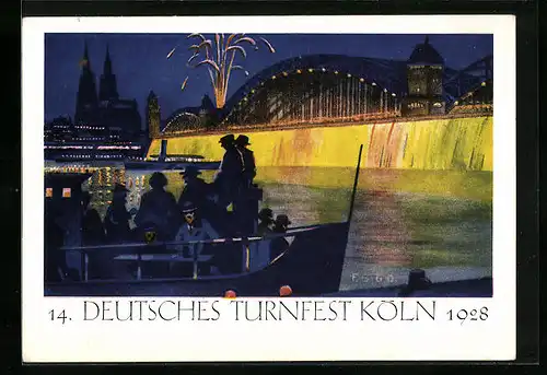 Künstler-AK Köln, 14. Deutsches Turnfest 1928, Grossfeuerwerk an der Hohenzollernbrücke