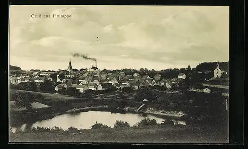 AK Holzappel, Ortsansicht mit Teich aus der Vogelschau