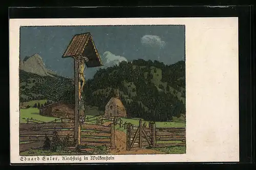 Künstler-AK Wolkenstein, Wegkreuz am Kirchsteig