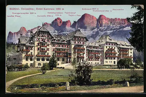 AK Karersee, Hotel Karersee mit Gebirgspanorama