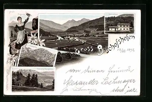 Lithographie Bischofshofen, Ortsansicht mit Pongauerin und Hochkönig