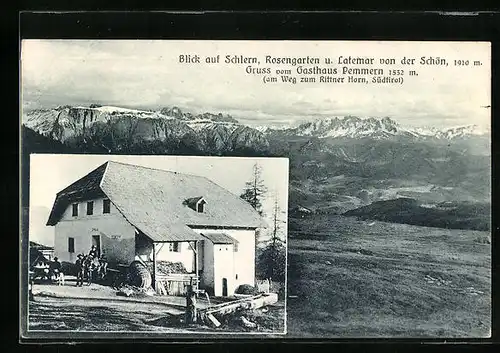 AK Schön, Gasthaus Pemmern mit Blick auf Schlern, Rosengarten u. Latemar