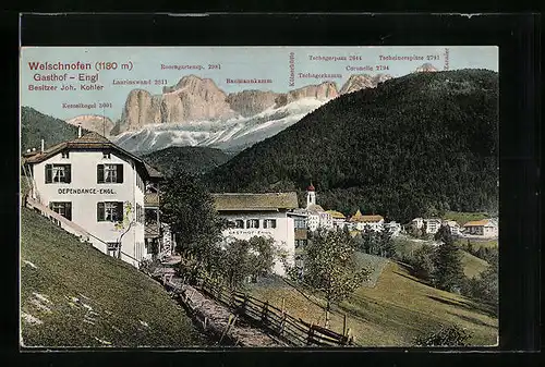 AK Welschnofen, Gasthof Engl mit Blick zum Rosengarten