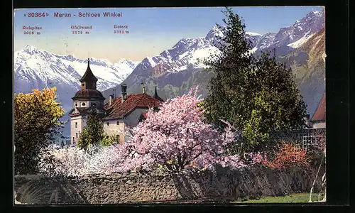 AK Meran, Schloss Winkel in blühender Landschaft