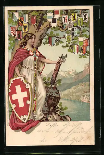 Lithographie Schweiz, Helvetia mit Wappen der Kantone