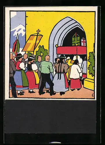 Künstler-AK Carl Camus: Tiroler Bauernleben, Prozession zieht in die Kirche ein