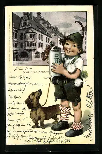 AK München, Münchner Hofbräuhaus, Bub in Lederhosen und Dackel