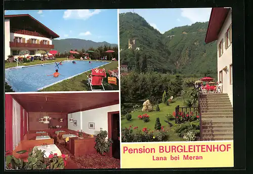 AK Lana bei Meran, Pension Burgleitenhof, Gartenansicht, Pool und Speiseraum