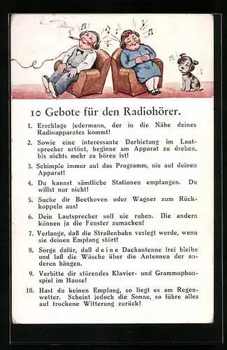 AK Zehn Gebote für den Radiohörer, Paar mit Kopfhörern und Hund