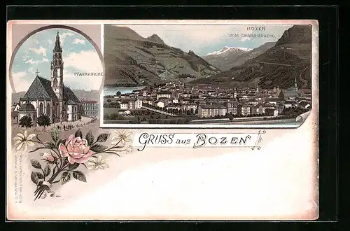 Lithographie Bozen, Pfarrkirche, Ortsansicht vom Calvarienberg