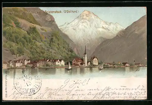 Lithographie Künzli Nr. 5021: Flüelen am Urnersee /St. Gotthard, Uferpartie mit Bristenstock, Berg mit Gesicht