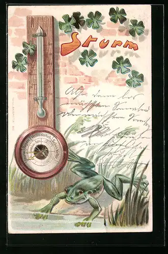 Lithographie Barometer steht auf Sturm, Frosch springt ins Wasser