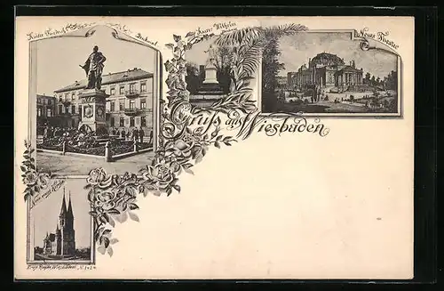 Lithographie Wiesbaden, Neues Theater, Neue evangel. Kirche, Kaiser Friedrich-Denkmal