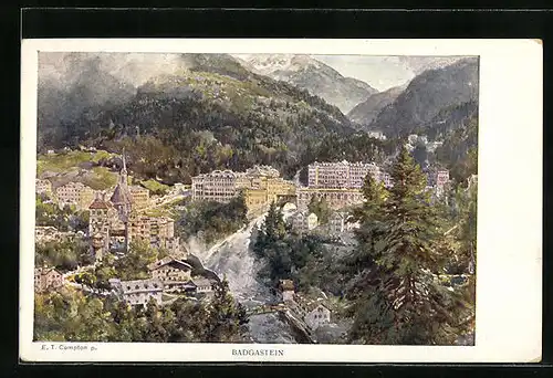 Künstler-AK Edward Theodore Compton: Badgastein, Ortsansicht aus der Vogelschau