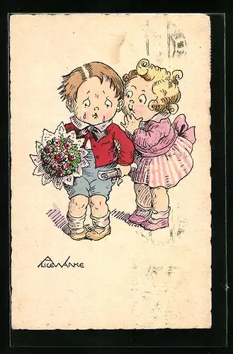 AK Junge mit Blumenstrauss und Mädchen