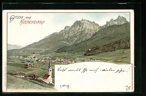 Lithographie Niederdorf, Totalansicht aus weiter Ferne