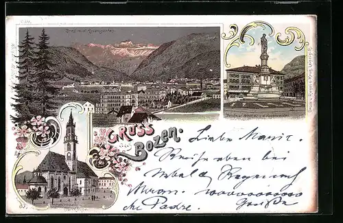 Lithographie Bozen, Griess m. d. Rosengarten, Pfarrkirche und Denkmal Walther v. d. Vogelweide