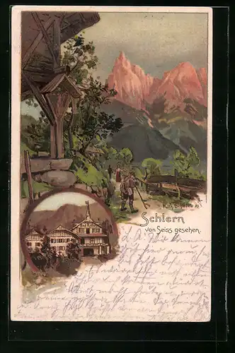 Lithographie Seis am Schlern, Kurhotel Bad Ratzes, Wegkreuz mit Wanderern