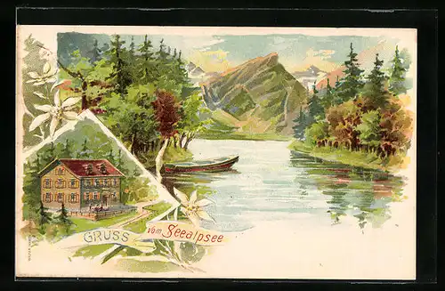 Lithographie Seealpsee, See mit Hütte