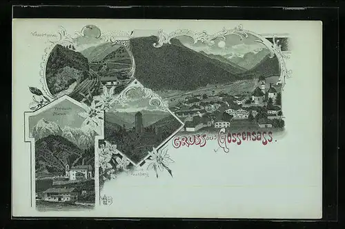 Mondschein-Lithographie Gossensass, Wassertunnel, Tribulaum Pflersch, Ruine Strassberg, Gesamtansicht