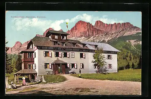 AK Karersee, Touristenhaus Alpenrose mit Gebirgspanorama