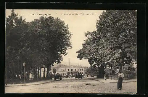 AK Epernay, Place Thiers et la Gare, Bahnhof