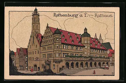 Steindruck-AK Rothenburg o. T., Partie am Rathaus