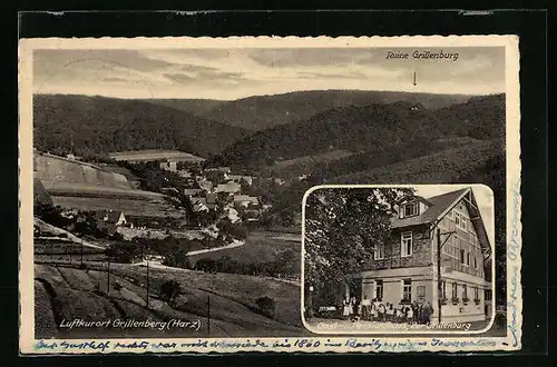 AK Grillenberg /Harz, Ortsansicht mit Ruine Grillenburg, Gast- und Pensionshaus Zur Grillenburg