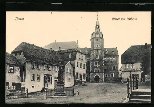 AK Wettin, Markt mit rathaus und Denkmal