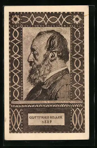 Künstler-AK Portrait des Dichters Gottfried Keller in der Profilansicht, Ganzsache