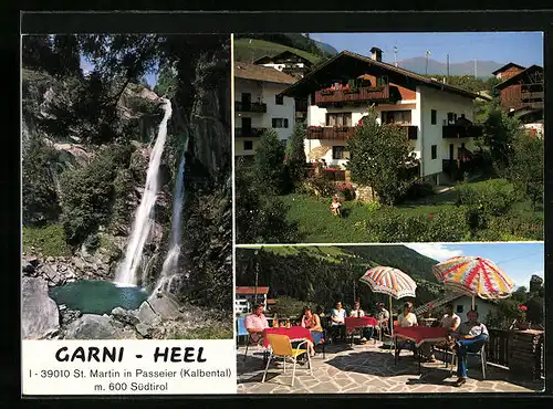 AK Sankt Martin in Passeier, Hotel-Pension Garni Heel, Blick zum Wasserfall