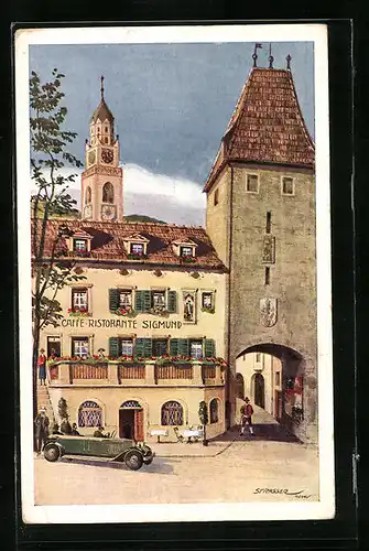 Künstler-AK Meran, Cafe-Restaurant Sigmund am Sandplatz