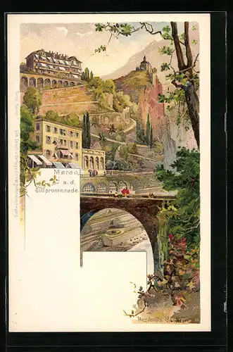 Lithographie Meran, Blick zur Gilfpromenade