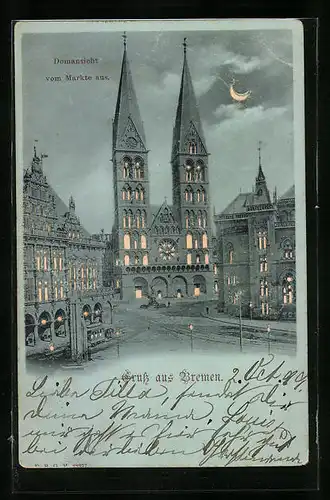 AK Bremen, Domansicht, Halt gegen das Licht: leuchtende Fenster mit Mond