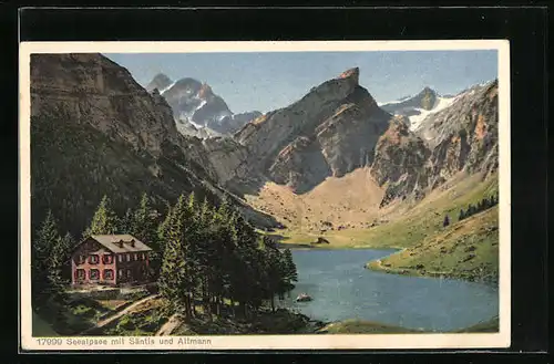 AK Seealpsee, Gasthaus und See mit Säntis und Altmann