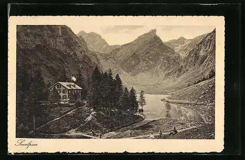 AK Seealpsee, Seealpsee mit Gasthaus und Brücke