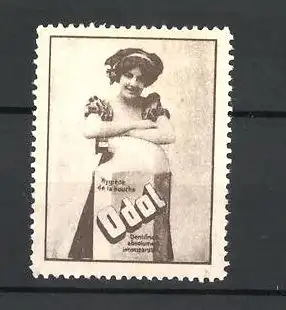 Reklamemarke Odol Mundwasser, hübsches Fräulein mit Mundwasserflasche