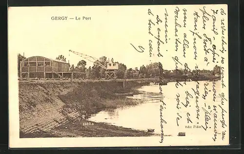 AK Gergy, Le Port, Hafen mit Krahn