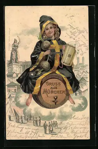 Präge-Lithographie München, Münchner Kindl fliegt auf einem Bierfass, Im Hintergrund Frauenkirche