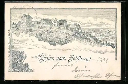 Lithographie Feldberg, Ortsansicht mit Aussicht