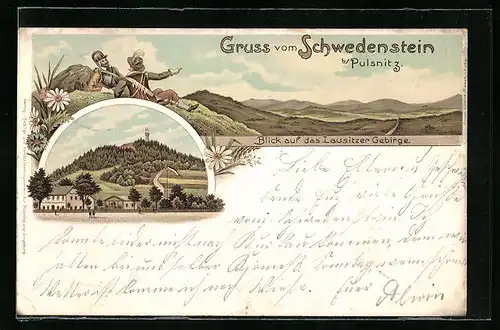 Lithographie Steina b. Pulsnitz, Bergrestaurant Schwedenstein mit Blick auf die Lausitzer Höhen