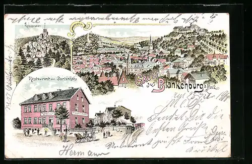 Lithographie Blankenburg a. H., Restaurant zur Gartenhöhe, Grossvater, Ortsansicht