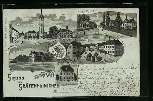 Mondschein-Lithographie Gräfenhainichen, Cafe Waliher, Neue Schule, Bahnhof, Paul Gerhardt-Kapelle und Marktplatz