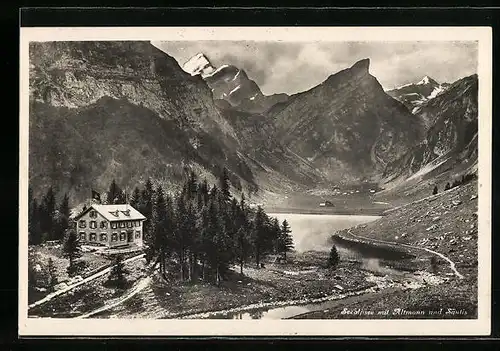 AK Seealpsee, Gasthaus und See mit Altmann und Säntis