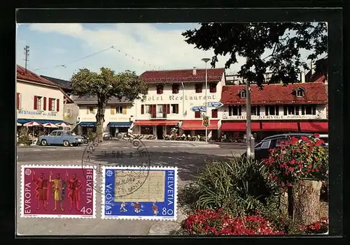 AK St. Cergue, Der Platz mit Hotel Restaurant