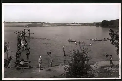 Fotografie Brück & Sohn Meissen, Ansicht Wermsdorf, Blick auf das Bad Horstsee, Bademode