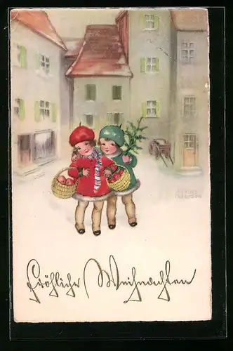 Künstler-AK Hannes Petersen: Zwei kleine Mädchen mit Apfelkörben, Weihnachtsgruss