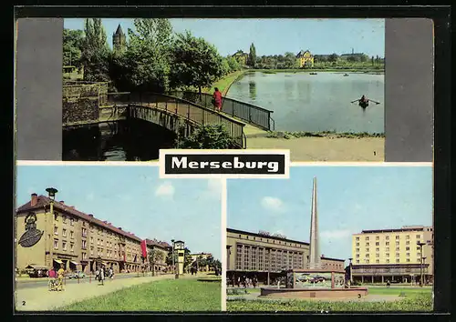 AK Merseburg, Bahnhof mit Hochhaus, Ernst-Thälmann-Strasse