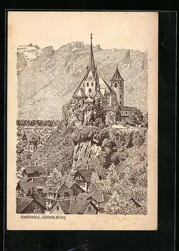 Künstler-AK Rankweil, Blick auf die Siedlung und Kirche