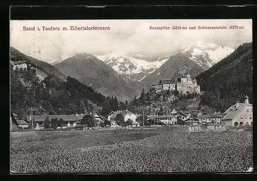 AK Sand i. Taufers, Ortspartie mit Zillertalerfernern, Hornspitze und Schwarzenstein